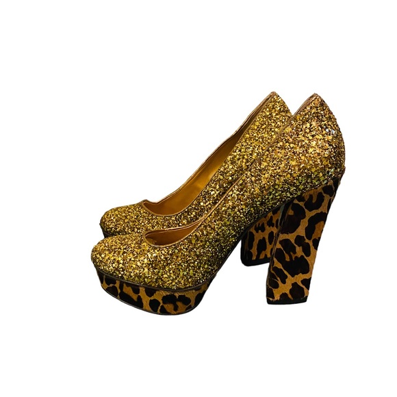 Nine West Gold Glitter Leopard Platform Drag Pumps - Picture 5 of 12